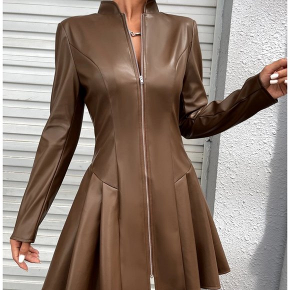 brown zipper front PU leather long sleeve mini dress contemporary - Picture 2 of 5